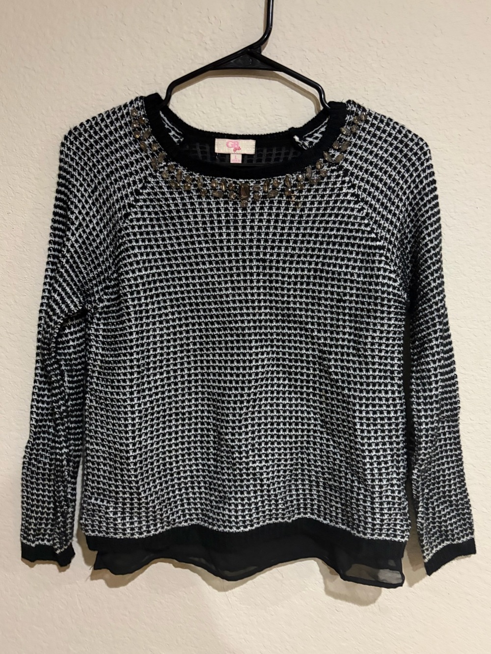 GB Girls Sweater Size Large Black White Jeweled Rhinestone Knit Layered Top